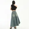 Falda de Mezclilla Naranja Infantil # Borde Crudo Irregular para Mujer, Holgada y Ajustada, Diseño Lavado y Desgastado, Falda Larga Versátil de Corte A