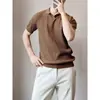 Nueva camiseta de punto de manga corta de verano para hombre, camiseta POLO de seda helada, cuello camisero, cuello en V, camiseta de negocios ajustada, venta al por mayor transfronteriza