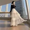 Saia de bolo com bordado de renda branca para mulheres, cintura alta, modeladora, saia longa de tule, saia de design nichado estilo francês