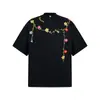 2025 Nova T-shirt de Manga Curta Bordada Estilo Americano Retro Florido Indústria Pesada Masculina e Feminina Gola Redonda Solta Algodão Pesado High Street