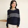Suéter de Punto de Algodón Puro Color Block Rayado para Mujer, Nuevo Estilo Primavera/Verano, Cuello Redondo, Versátil, Manga Larga, Camiseta Base de Corte Holgado