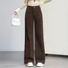 Calça reta de cintura alta com design retrô para outono, afina a silhueta, perna larga, para mulheres, jeans com estampa de leopardo, solta e com bom caimento, estilo moderno