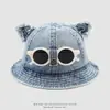 Sombrero de pescador de mezclilla simple para niños, sombrero para el sol de primavera y otoño, gafas de sol de dibujos animados estilo coreano, sombrero de pescador moderno para niños y niñas