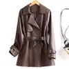 Nuevo abrigo de trinchera cruzado elegante con ajuste ceñido a la cintura, chaqueta corta para el día a día, abrigo de cuero, piel de oveja
