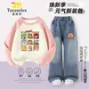 Conjunto Infantil Capivara Primavera e Outono 2025 Suéteres para Meninas Jeans de Perna Reta Conjunto de Duas Peças para Meninas