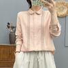 Nova Camisa de Algodão Puro com Manga Longa para Mulheres, Versátil Camisa Base Artística com Renda, Top