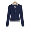 CL24217-24 Outono Novo Estilo Academia Francesa Cor Contrastante Falso Duas Peças Decote V Botão Manga Longa Camisa Base Camiseta