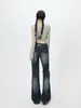 YECHUAN # Jeans estilo retro americano com fivela Paris para mulheres, novas calças pantalona justas de cintura baixa para o outono