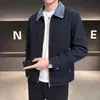 Chaqueta de Trabajo para Hombre de Otoño con Cuello de Mezclilla Textura de Raya Vertical Retro Cremallera Chaqueta Corta Casual para Edad Media y Jóvenes Moda para Hombre
