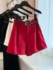 Shorts rojos de lino, Shorts casuales rojos de lino estilo coreano con vuelta, Shorts de pierna ancha línea A de cintura alta para el verano 2025