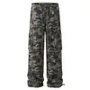 Calça Jeans Qilin Três Listras Multi Bolsos Camuflada para Multidão Homem Design de Nicho Elegante Cintura Calça Reta