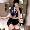Lencería Seductora Femenina Uniforme de Policía Caliente Juego de Rol Azafata Seductora Traje de Noche para Club Azul Marino 1186