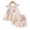 Conjunto de dos piezas de verano para bebé niña, estilo europeo y americano, con estampado floral, sin mangas y shorts, elegante, directo de fábrica