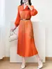 Vestido Largo de Comercio Exterior Issey Miyake, Ropa Fina para Mujer Primavera y Verano, Mangas de Farol, Corte Holgado, Tallas Grandes, Estampado Dorado, Vestido Elegante