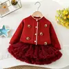 Conjunto de Suéter para Niña para Otoño e Invierno, Nuevo Lindo Cárdigan de Punto de Fresa para Bebés Niñas, Moda Estilo Coreano Falda de Tul de Princesa