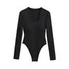 Macacão Sexy Estilo Europeu e Americano com Decote U e Manga Longa para Mulheres Nova Coleção Primavera Slim-Fit Camada Base Top Curto Justo