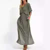 2025 Novos Produtos de Primavera e Verão Europeus e Americanos Cruzados Estação Independente Aliexpress Vestido de Cor da Moda Cintura Alta Fenda Decote V