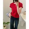 Bordado de Letra Simples Versátil Emagrecedor Gola Redonda Manga Curta Camiseta para Mulheres Verão Slim Versátil Curto Petite Top