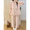 Pijama de Coral para Mujer, Otoño/Invierno, Estilo Dulce de Princesa, Encaje, Manga Larga, Pantalón Largo, Forro Polar Delgado, Conjunto Cálido para el Hogar