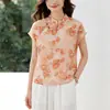 Camisa con Estampado de Pintura a Tinta China Manga Corta Acampanada para Mujer 2026 Nuevo Estilo Verano Nuevo Estilo Chino Camisa de Lino