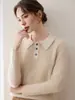 Camisa polo de cachemira para mujer, de manga larga, con cuello y bloques de color, corte ajustado, sencilla, elegante y con un toque de alta gama