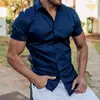Camisa Masculina de Cor Sólida para Exportação Europeia, Estilo Cara de Pau, Não Amassa, Corte Slim, Manga Curta, Camisa Brilhante com Aspecto de Seda, Camisa Casual para o Trabalho