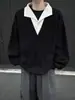 Moletom Masculino de Outono com Padrão de Espiga de Trigo Falso Duas Peças Americano Cleanfit Patchwork Gola Lapela Alta Inteligência Casal Manga Longa