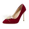 2023 outono novo sexy pontudo salto alto salto agulha boca rasa sapatos de casamento frisado sapatos de dama de honra sapatos de camada única