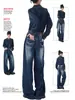 Jeans Anchos Bordados Azul Oscuro Vintage para Mujer, Nuevo Estilo Primavera y Otoño, Corte Holgado, Adelgazantes, de Cintura Alta, Pierna Recta, Pantalones de Longitud Completa, Modernos