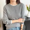 Blusa de tricô de algodão puro com gola redonda e design de trança em cores contrastantes, estilo coreano, versátil, simples e elegante, blusa de tricô feminina de manga longa