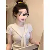 Camiseta de punto de manga corta tipo chal de dos piezas color albaricoque para mujer, nueva de verano, seda helada, cuello redondo, corte ajustado, hombro normal, top corto