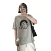 Camiseta de algodón puro de manga corta gris retro americana para mujer, diseño holgado de verano con un toque único, estilo casual