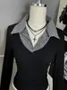 Camiseta de manga larga para mujer, estilo retro americano Y2K, falso dos piezas a cuadros, cuello camisero en V, corte ajustado