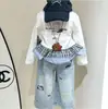 Nueva Colección de Otoño para Niñas Estilo Coreano: Conjunto de Camiseta de Manga Larga con Parches de Cuadros de Gato Kt Fresco y Pantalones de Mezclilla Suaves de Pierna Recta