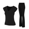 Primavera y Verano nueva moda cuello en V adelgazante ropa de yoga pantalones acampanados delgados ropa deportiva casual de fitness traje de dos piezas para mujer