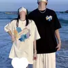 Conjuntos de Algodón Puro Peinado Ajustados con Temática de Amor para Parejas, Ropa de Verano para Hombre y Mujer, Serie Azul de Manga Corta Nuevo Diseño Nicho Estilo Hong Kong Camiseta