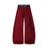 Pantalones de chándal estilo americano con estampado de letras, doble cinturilla, bloques de color, dobladillo curvo, unisex, versátiles, holgados, pierna ancha, fluidos, adecuados para bailar y uso casual