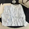 [Algodón nube de alta calidad] Conjunto de pijama largo de manga larga, cuello redondo, con ribete de encaje, talla grande para mujer, adecuado para usar como ropa de estar