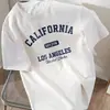 Camiseta casual de cuello redondo para mujer con estampado de eslogan de California, top de punto de manga corta, 95% poliéster 5% superfibra
