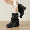 Botas de Motocicleta com Salto Grosso Euro-Americanas Pretas Femininas 2026 Novas Botas Retrô com Fivelas Empilhadas Botas Curtas com Saias Botas de Moda