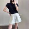 Tops de Primavera y Verano para Mujer, Camiseta Elegante de Punto de Lana con Cuello Polo de Manga Corta de Color Puro, Camisa Exterior de Capa con Aspecto Adelgazante Holgado, Delgada