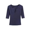 2506-2025 Novo Top Casual de Gola V Estilo Puro Desejo para Mulheres, Camiseta Básica Sexy Europeia e Americana Emagrecedora de Manga Média