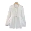 Outono 2025 Estilo Corte Francês Nicho Gola Alta Top com Strass Feminino Plissado Versátil Camisa Boneca Blusa Fashion