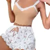 Roupa de Casa Cruzada Europeia e Americana Conjunto de Shorts com Renda e Suspensório Confortável Elástico para Casa Casual Usável Roupa de Casa para Mulheres