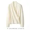 Nuevo suéter de punto de cuello en V cruzado de color liso para principios de otoño, ajustado, adelgazante, elegante para ir al trabajo, suéter de cachemira para mujer