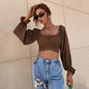 Primavera/Verano 2026 Nuevo Estilo Europeo y Americano Sexy y Elegante Anudado Ajustado Cuello Cuadrado Ultracorto Manga Larga Camisa Top de Mujer