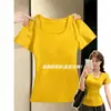 Camiseta Amarilla de Manga Corta con Hombro Recto y Cuello en U Estilo Retro Americano para Mujer, Top Corto Adelgazante de Verano, Hermosa Chica Atractiva