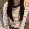 Suéter Curto de Listras em Contraste Azul para Mulheres, Novo Estilo Outono/Inverno 2025, Camada Base, Tricô de Pelo de Guaxinim