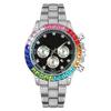 Comércio exterior venda quente completo diamante cinto de aço casal relógio luz de luxo calendário arco-íris três olhos relógio de quartzo masculino tenda relógio atacado