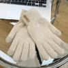 Moda Coreana Tricotada Quente Luvas Femininas Inverno À Prova de Frio Espessas Forradas com Lã Cor Sólida Simples Ciclismo Tela Sensível ao Toque Cinco Dedos